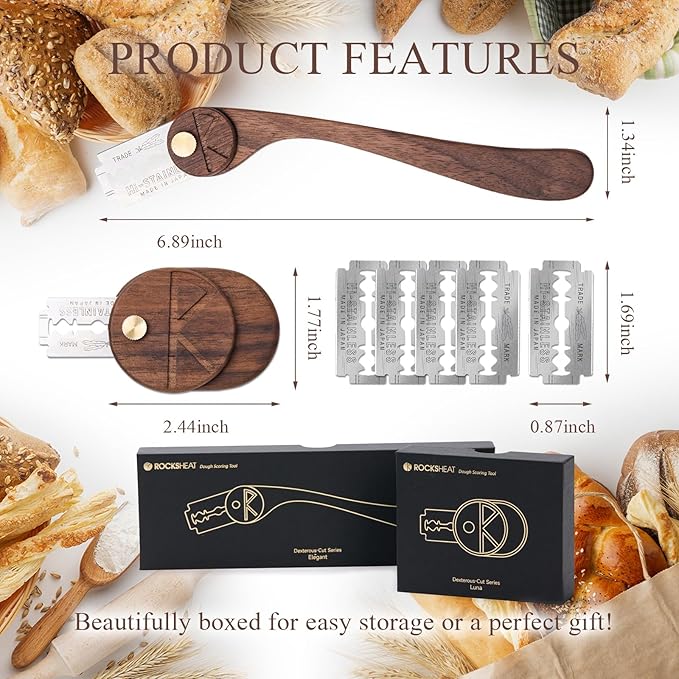 Bread Lame Set of 2, Scoring Knife with 5 Feather Blades, Sourdough Scoring Tool with Storage Box, Dough Scoring Tool for Bread Baking, Dexterous-Cut Series Lame Bread Tool (LUNA & ELEGANT)
