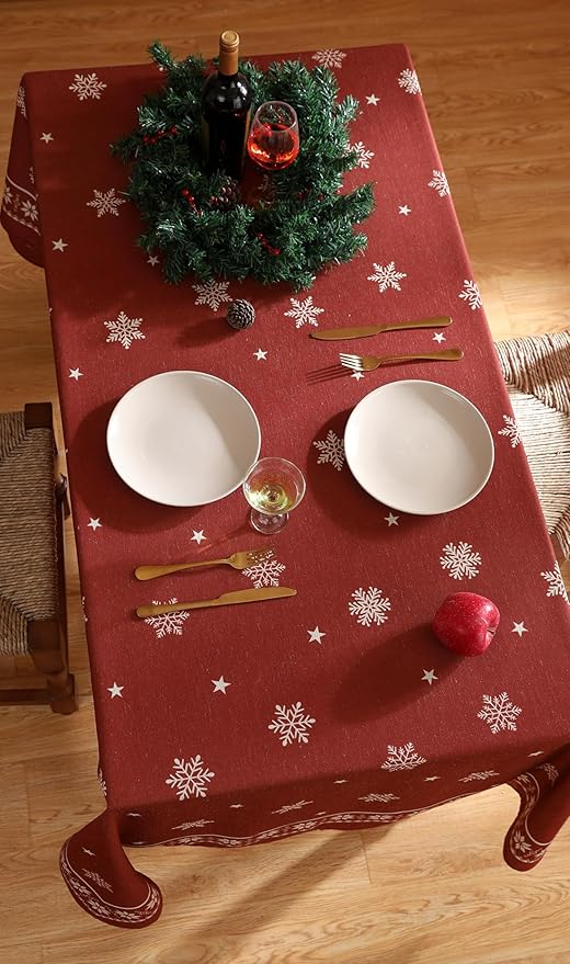 ISAENNE Designer Christmas Red Rectangular Tablecloth,Linen Table Cloth with Snowflakes Pattern,Wrinkle Resistant Decor Tablecloths for Dining Kitchen Thanksgiving Christmas,55"*87"-Carol C