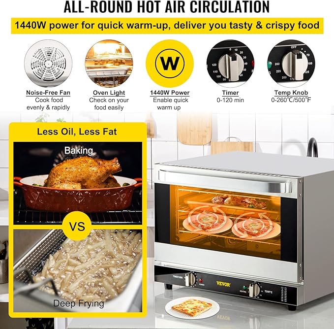 VEVOR Commercial Convection Oven, 21L/19Qt, Quarter-Size Conventional Oven Countertop, 1440W 3-Tier Toaster w/Front Glass Door, Electric Baking Oven w/Trays Wire Racks Clip Gloves, 120V