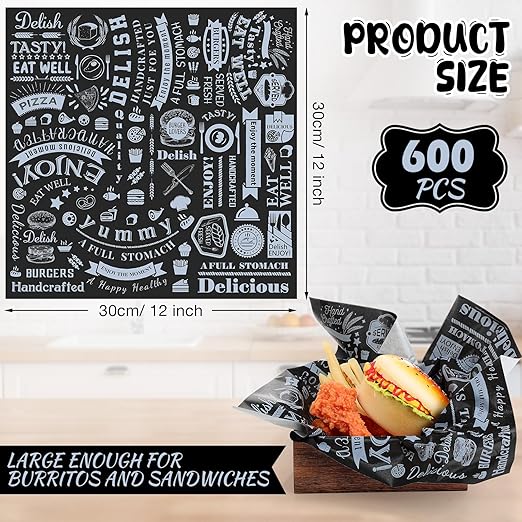 Outus 600 Pcs 12 x 12 Inch Deli Wax Paper Sheets Grease Resistant Tray Basket Liners Newsprint Paper Water and Grease Proof Sandwich Wrapping Square Hot Dog Wrappers for Food Baking (Black)