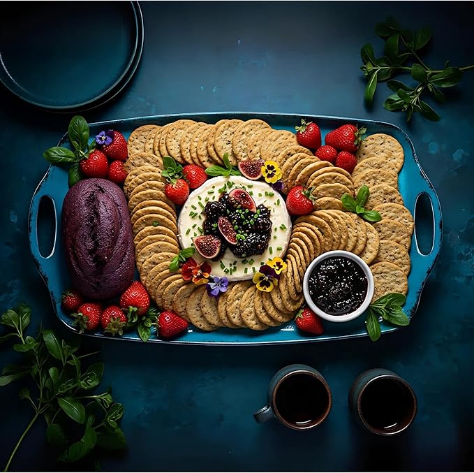 TP Serving Trays with Handles, 17 x 12 Inch Melamine Serving Platters for Food, Meat, Set of 2 Rectangular Trays for Eating, Retro Teal