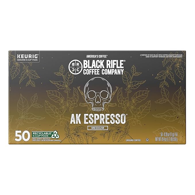 Black Rifle Coffee Company AK Espresso, 50 Count, Medium Roast K Cups - Single Serve K Cups Coffee Pods - Kcup Pods Compatible with Keurig 1.0 & 2.0 - Made from Arabica Beans