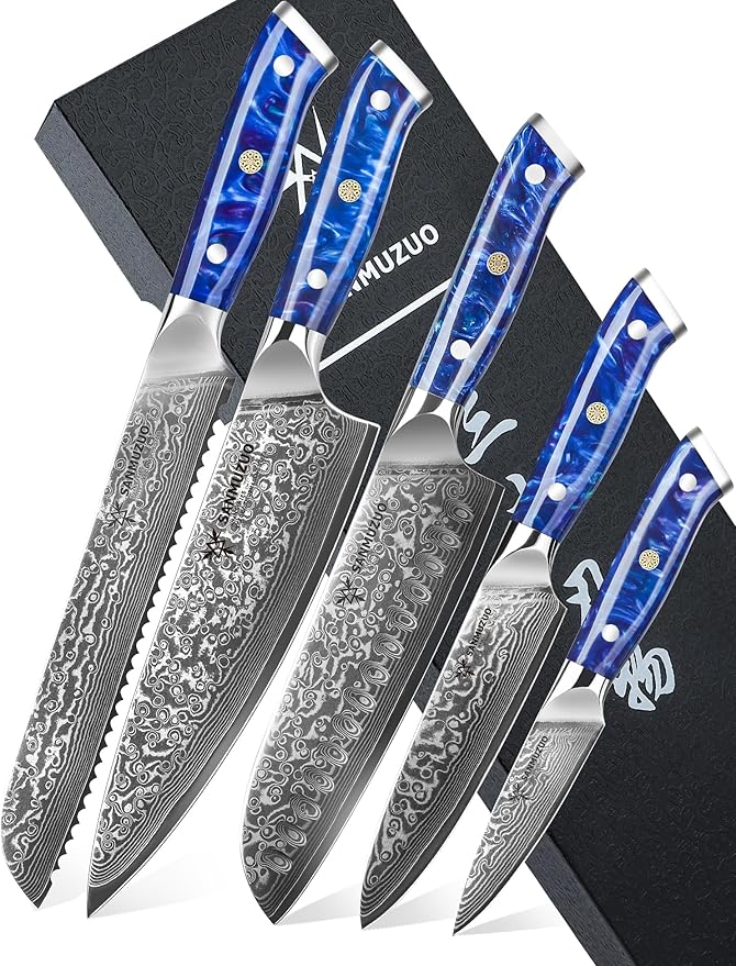 Chef Cooking Knives Set- Kitchen Knife Set of 5 Piece - Ultra-Sharp VG10 Damascus Steel & Resin Handle - Xuan Series (Sapphire Blue)