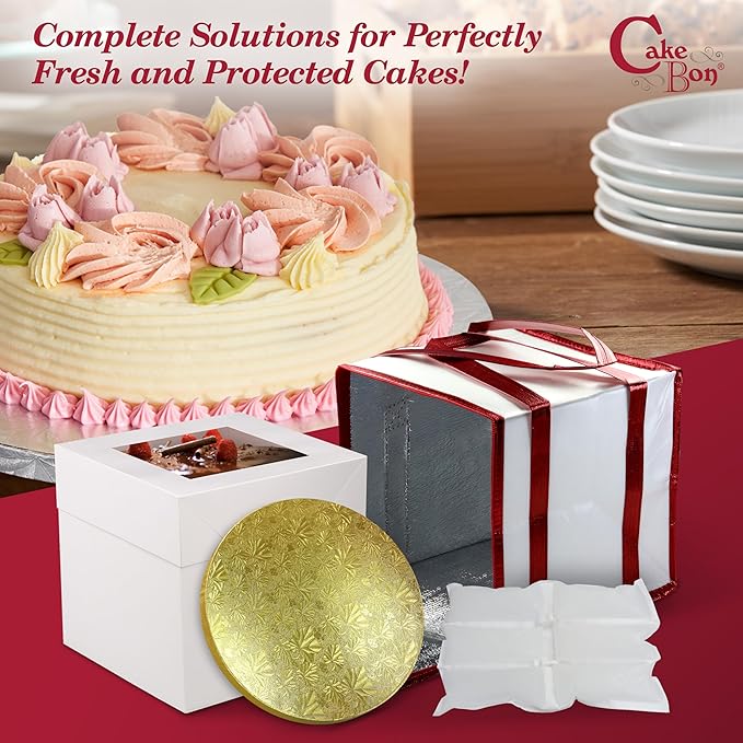 Cakebon Cake Box and Boards, 8-Inch Round Gold Smooth Edges 1/2- Inch Thick Drums with Insulated Bag and Ice Pack – Cake Transport Set, Cooler for Cake Delivery and Transport (1pc Each, 4pcs Total)