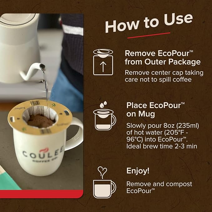 Coulée EcoPour She Devil Coffee, Single Serve Pour Over Arabic Coffee, Medium Roast, Use for Camping or Traveling, Pre Filled Compostable Filters, Ready to Brew with Hot Water, 20 Pack