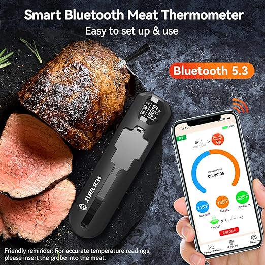 Smart Wireless Meat Thermometer with Ultra-Thin Probe, 820FT Unlimited Range Bluetooth Meat Thermometer, Digital Food Thermometer for Remote Monitoring of BBQ Grill, Oven, Air Fryer