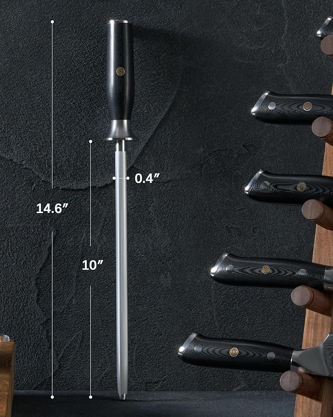 KYOKU 10 in. Honing Steel, Shogun Series Honing Rod with G10 Fiberglass Handle & Metal Hand Guard, Full Tang Knife Sharpener Rod, Sharpening Steel Knife Sharpener for Rolled Knife Edges with Gift Box