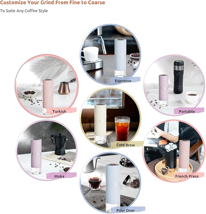 Portable Electric Coffee Grinder, Rechargeable Handheld Grinder with Stainless Steel Conical Burr, Adjustable Grind Settings, for Espresso, Moka, Pour Over, French Press, Cold Brew, Blushy