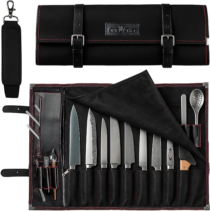 OuiChef Chef Knife Bag for 10 Knives & Utensils - Waxed Canvas & Vegan Leather - Travel Knife Case with Straps - Professional Chef Roll Bag