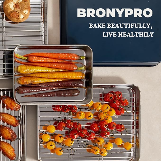 BRONYPRO Stainless Steel Baking Sheet Pan Set of 3, Cookie Sheets 9/12/16 In, Non-Toxic Uncoated Interior (PFOA & PTFE Free), Solid Warp-Resistant Cooking Trays for Oven & Toaster, Gray Exterior