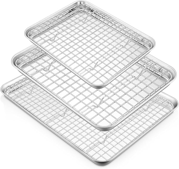 TeamFar Stainless Steel Baking Sheet with Rack Set, 16/12.5/10.5 Inch Cookie Sheets Baking Pans and Cooling Racks for Cooking Serving, Non-Toxic & Heavy Duty, Dishwasher Safe, 6 PCS (3 Pans + 3 Racks)