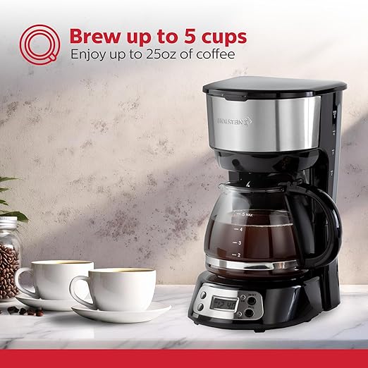 Holstein Housewares 5-Cup Programmable Coffee Maker, 25oz Drip Coffee Machine with Auto Brew Timer, Pause & Serve, Compact Design – Perfect for Home, Office & Dorm Use, Black