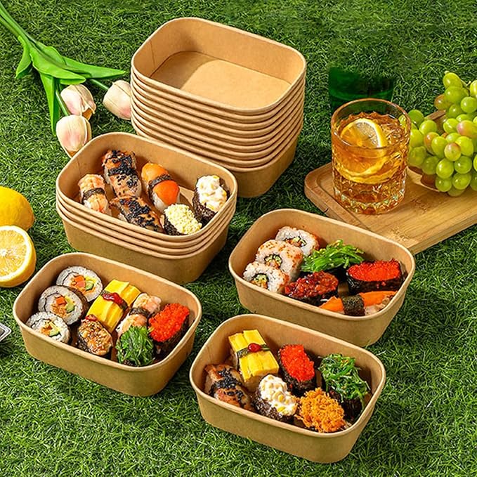 DI QIU REN 50-Pack 22oz Paper Bowls, Disposable Food Containers with Lids and Forks, Rectangular Disposable Salad Bowls for Diet Salad, Pasta (kraft Paper Rectangular, 22oz 50 Count)