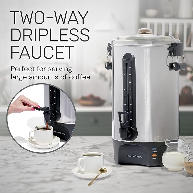 Homecraft 100-Cup Coffee Urn and Hot Beverage Dispenser with Dripless Faucet, Quick-Brewing, Stainless Steel