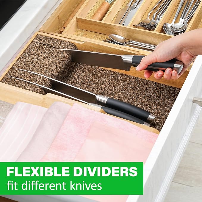 Bamboo Knife Drawer Organizer Insert - Kitchen In-Drawer Knife Block Holder, Flexible Dividers for Knives Organization