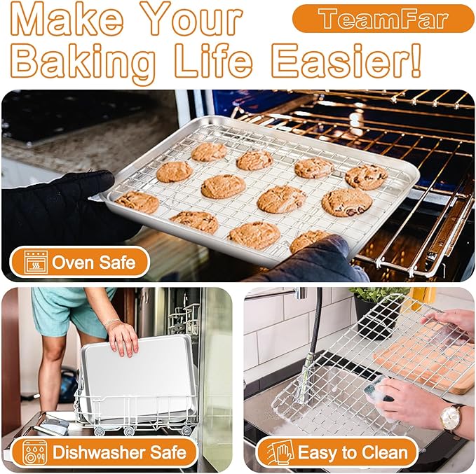 TeamFar Stainless Steel Baking Sheet with Rack Set, 16/12.5/10.5 Inch Cookie Sheets Baking Pans and Cooling Racks for Cooking Serving, Non-Toxic & Heavy Duty, Dishwasher Safe, 6 PCS (3 Pans + 3 Racks)