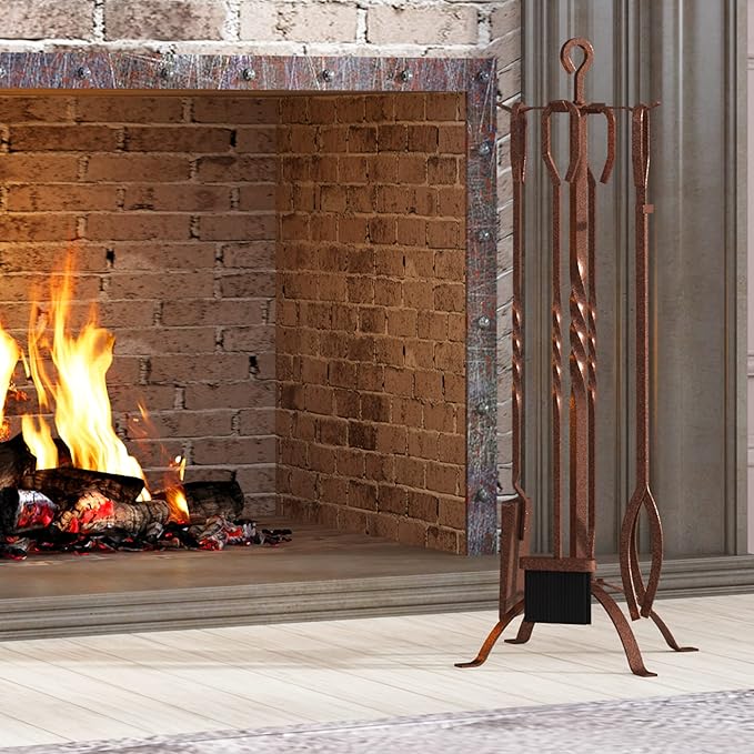 Fire Beauty 5 Pieces Fireplace Tools Sets Fireplace Accessories Tools Holder with Handles Tools for Indoor Fireplace Decor Outdoor Fire Pit Modern Tool(Antique Bronze)