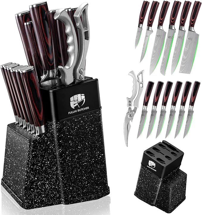 FULLHI 14pcs Block Knife Set, Chef's Knife Steak Knives Set with Block and Sharpener, Kitchen Knife Set, Multi-colour Handle, Gifts for Men Women