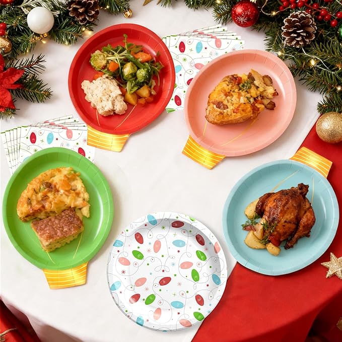 OuMuaMua 150Pcs Christmas Paper Plates and Napkins Set Disposable, Heavy Duty Christmas Light Bulb Design Party Supplies Serve 50, Fancy Disposable Dinnerware Set for Holiday Home Xmas Party Decor