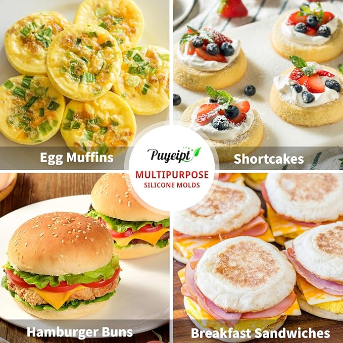 4 Inch Silicone Egg Molds for Breakfast Sandwiches, 2 Pack Jumbo Muffin Top Pans Non-Stick Round Silicone Molds for Baking Egg Bites, Hamburger Buns, Patties, English Muffins