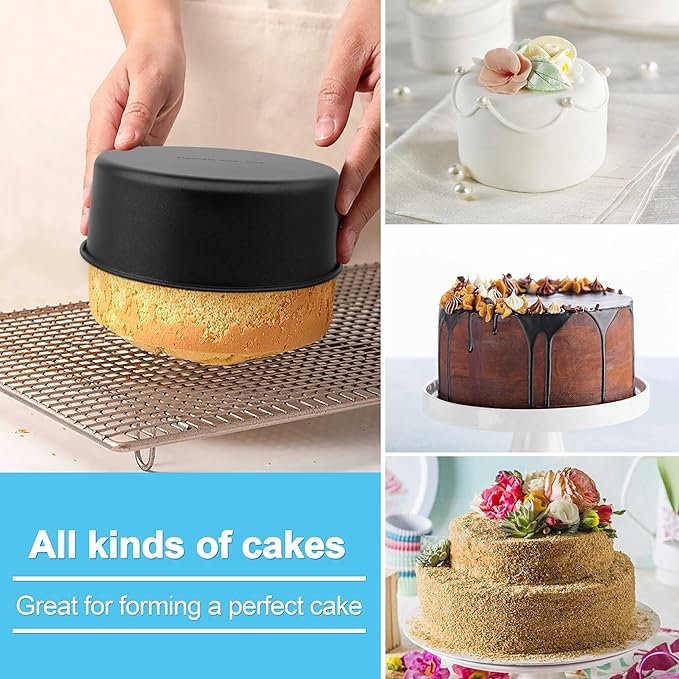 E-far Deep Cake Pan Set of 3 (6/8/9½ Inch), Nonstick Stainless Steel Round Cake Pans Tins for Baking Layer Wedding Cakes, Stainless Steel Core & Nontoxic Coating, Deep & Straight Side
