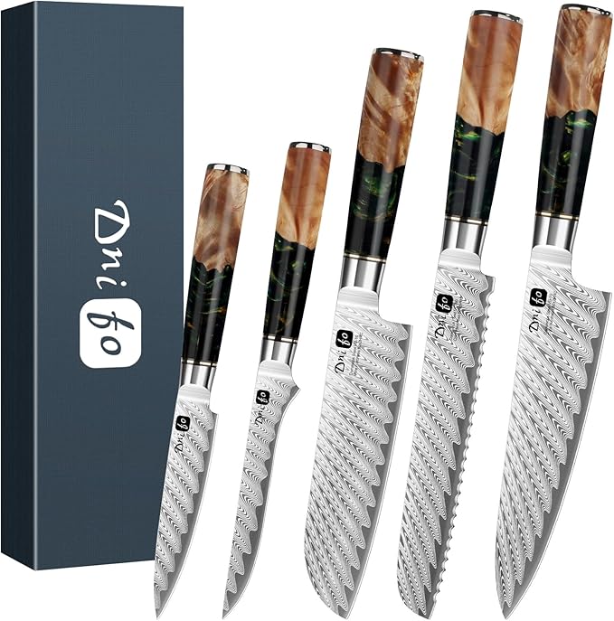 Japanese Knife Set 5 PCS, Damascus High Carbon Stainless Steel Chef Knife Set for Cooking, Kitchen Knives with Gift Box and Resin Wood Handle, Ideal Gift for Men and Women