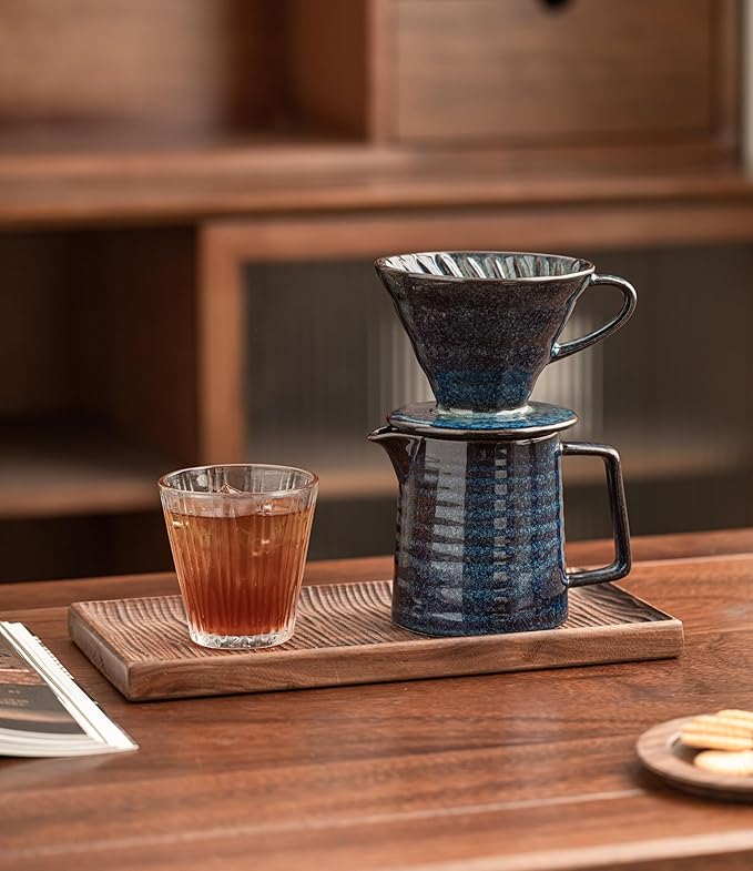 Pour Over Coffee Maker,Ceramic Coffee Maker With 40 pcs Paper Filter，15oz/450ml Pour Over Coffee Dripper (Starry Blue, V02)