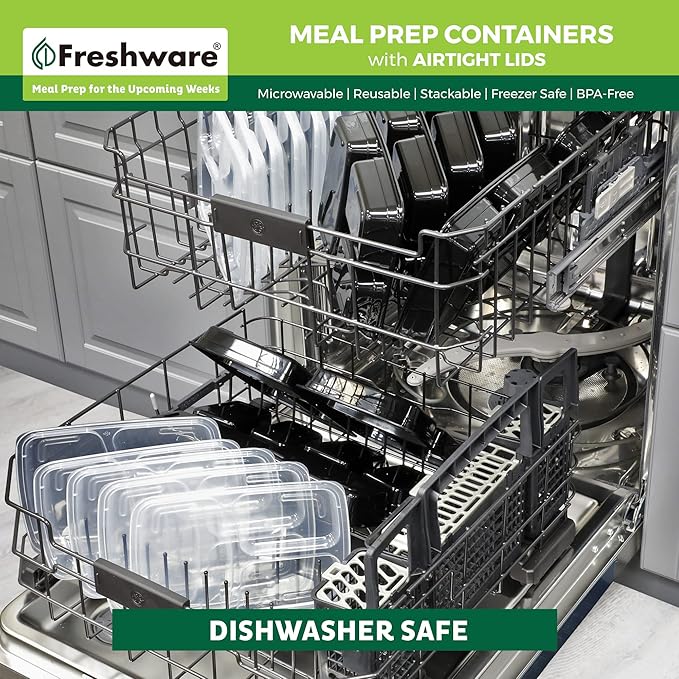 Freshware Meal Prep Containers [150 Pack] 3 Compartment Food Containers with Lids, Bento Box, Stackable, Microwave/Dishwasher Safe (32 oz)