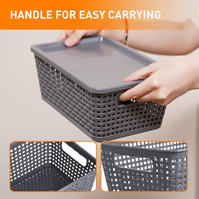 Plastic Storage Baskets With Lid, Storage Bins for Organizing, Stackable Decorative Containers for Shelves Drawers Desktop Closet Playroom Classroom Office, 8 Pack-Grey