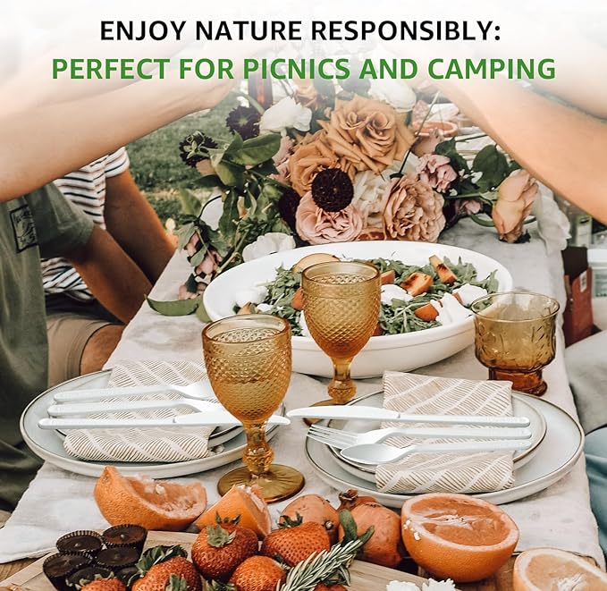 100% Compostable Forks 60 Count Disposable Forks Heavy Duty Utensils Set Fork Silverware Eco Friendly Flatware Plastic Free for Party Camping Picnics Wedding-Ivory White