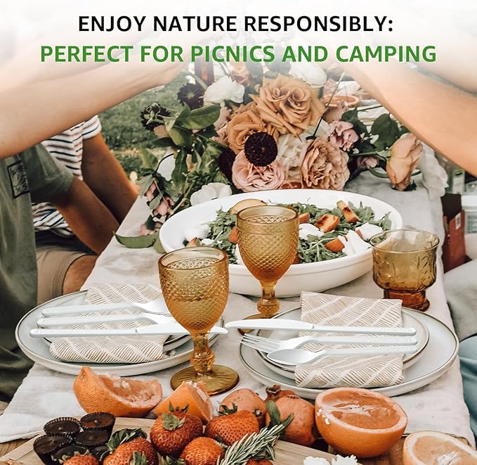 450 Counts Compostable Forks Spoons Knives Set Disposable Forks Utensils Heavy Duty Knives Silverware Eco Friendly Flatware for Party Camping Picnics White forks spoons and knives set