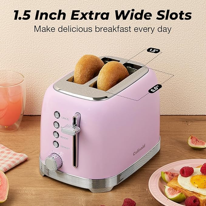 Toaster 2 Slice Retro Stainless Steel with 1.5” Extra Wide Slots Bagel, Defrost, Reheat, Cancel Functions, 6 Bread Shade Settings, Removable Crumb Tray, Purplish Pink