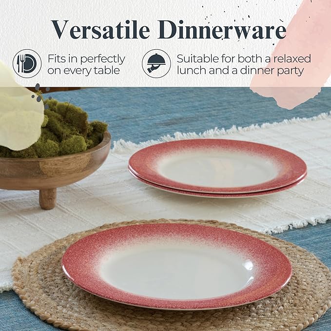 Portmeirion Potter's Mist 10.5" Dinner Plate (Set of 4) - Handcrafted Earthenware Plates with Red Accent Rim, Microwave & Dishwasher Safe - Ideal Tableware for Modern & Traditional Dining (Red Mist)