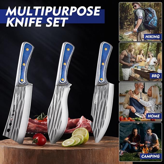 3PCS Butcher Knife Set for Meat Cutting， Hand Forged Professional Chef Knife Set Meat Cleaver Boning Knife for Home, Outdoor Cooking, Camping BBQ Gift Idea Men