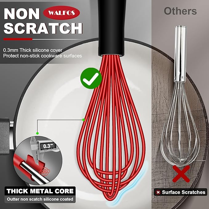 Walfos Whisk,Silicone Whisk Non Scratch-Whisks for cooking set of 4 Heat Resistant(480°F).Nice for Blending Beating Stirring and Kitchen Cooking &Baking.BPA Free and Dishwasher safe.(5+7+9+11inch )Red