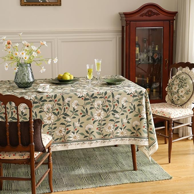 ISAENNE Designer Green Linen Square Table Cloth,Floral French Country Indoor Tablecloth,Stain Resistant Home Decor Tablecloths for Dining Kitchen Thanksgiving Christmas Party,67"*67"-Brune