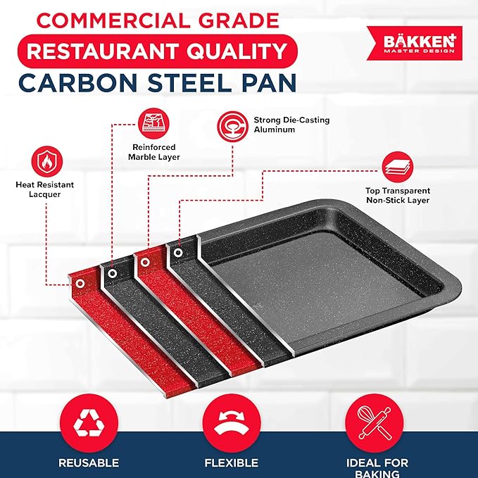 BAKKEN 3-Piece Kitchen Baking Pans - Small, Medium, and Large Cookie Pan, With Nonstick Coating, Stackable and Space-saving Design, PFOA, PFOS, PTFE Free, Oven Safe Tray (Up To 450°F), Gray Marble