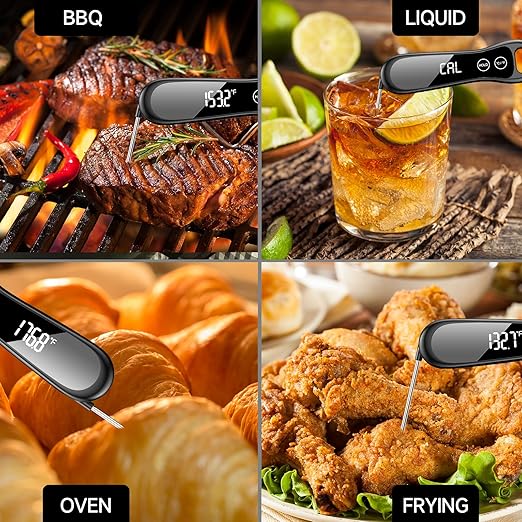 Digital Meat Thermometer 180° Rotate Temp Probe 1 Sec Instant Read Thermometer for Cooking IP67 LED Screen Waterproof Thermometer for Kitchen, BBQ, Fry, Grill, Candy