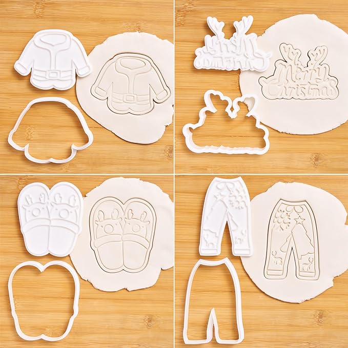 Flycalf Christmas Cookie Cutters Pajamas Set of 4 with Plunger Stamps Holiday PLA Baking Accessories Cutter Molds Gifts Decorative Party 3.5" Kitchen Cake Supplies