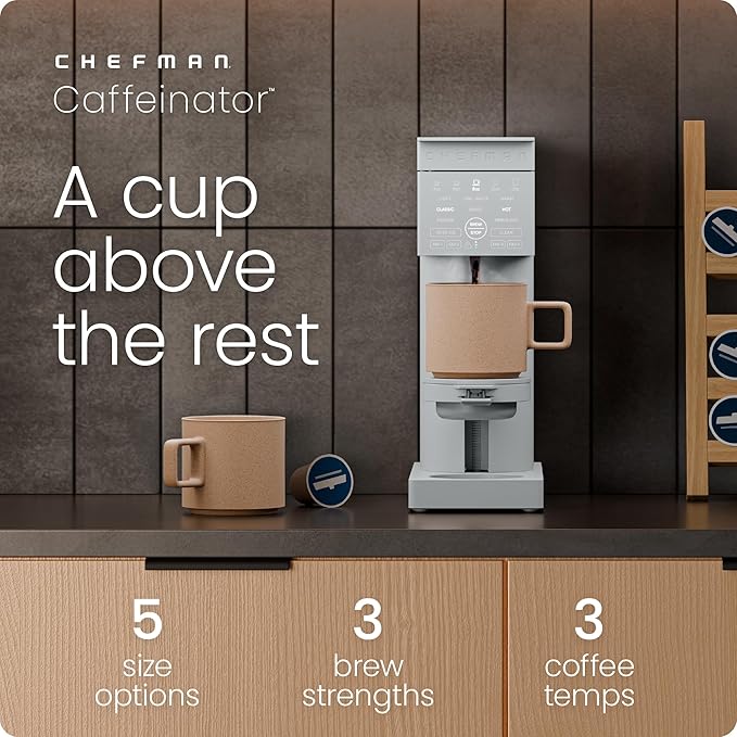 Chefman Caffeinator Single Serve Coffee Maker, Brew Kcups & Grounds, Drip Coffee Machine with Brew Strength Settings, Iced Coffee Function, 48 oz. Removable Water Reservoir - Includes 4 Filters