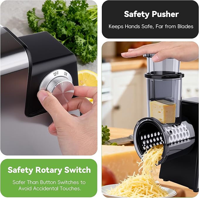Electric Cheese Grater 7 in 1, Stainless Steel Salad Shooter, Electric Food Slicer Shredder Chopper with Rotary Switch, Automatic Grater for Block Cheese Vegetables Cucumber Carrots, 300W Salad Maker