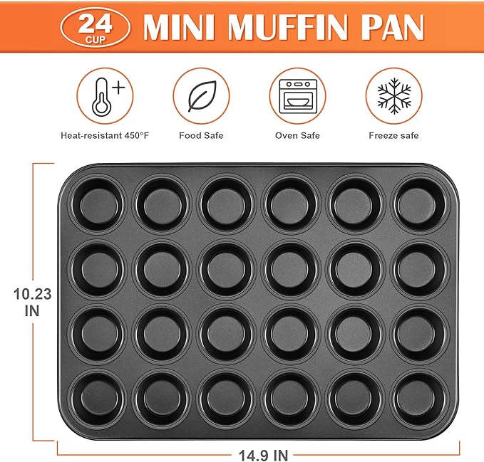 E-far Mini Muffin Pan 24-Cup - Nonstick Carbon Steel Cupcake Tin Tray for Little Bites & Freezer Prep | Warp-Free Bakeware Ensures Even Baking & Effortless Release, Regular Size & Oven Safe