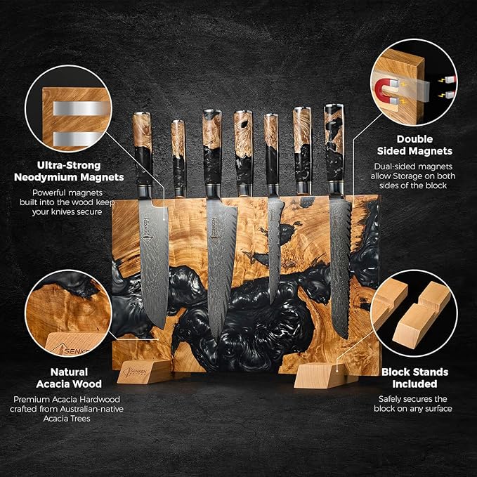 SENKEN "Black Tsunami" Extra Large Magnetic Knife Block - Holds Up to 16 Knives - Knife Block without Knives, Universal Knife Holder, Beautiful Dark Resin & Natural Wood Blend (Black Resin)