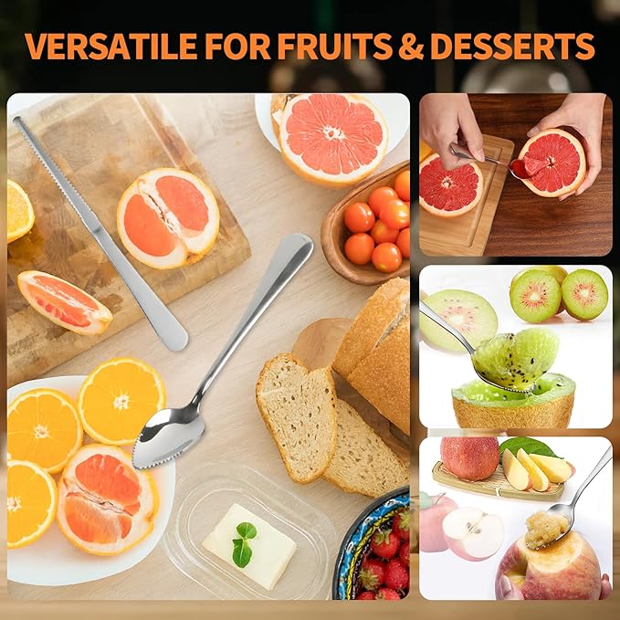 Grapefruit Spoon & Knife Set,Stainless Steel Grapefruit Spoon Utensil With Serrated Edge,Silver Kitchen Tool,Multi-Use for Citrus, Kiwi,Dessert, Avocado & More (3 PCS)