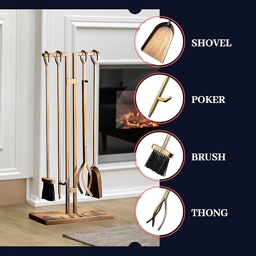 2WAYZ FLAMELY 5-Piece Fireplace Tools Set - Includes Fire Poker, Shovel, Brush, Tongs, Stand - Heavy-Duty Fireplace Accessories and Fire Tools for Indoor or Outdoor Use