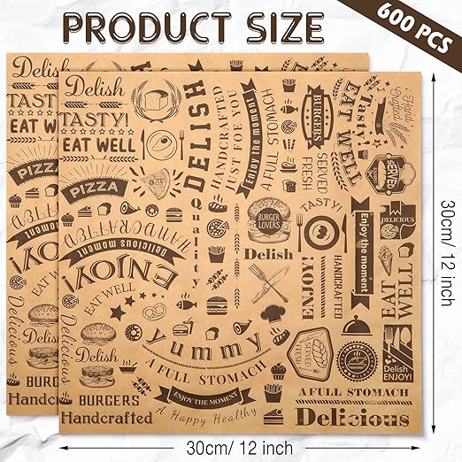 600 Pcs 12 x 12 Inch Deli Wax Paper Sheets Grease Resistant Tray Basket Liners Newsprint Paper Water and Grease Proof Sandwich Wrapping Square Hot Dog Wrappers for Food Baking (Brown)