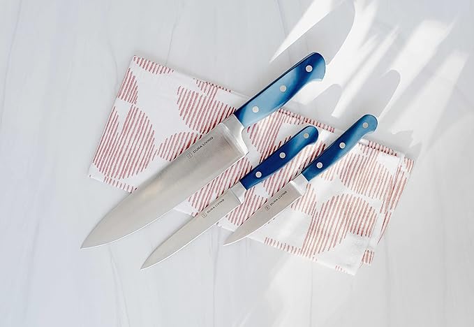 DURA LIVING 3-Piece Kitchen Knife Set – Ultra-Sharp Forged High Carbon Stainless Steel, 8" Chef, 5" Utility, 3.5" Paring Knives, Ergonomic Handles, Professional Starter Set, Royal Blue