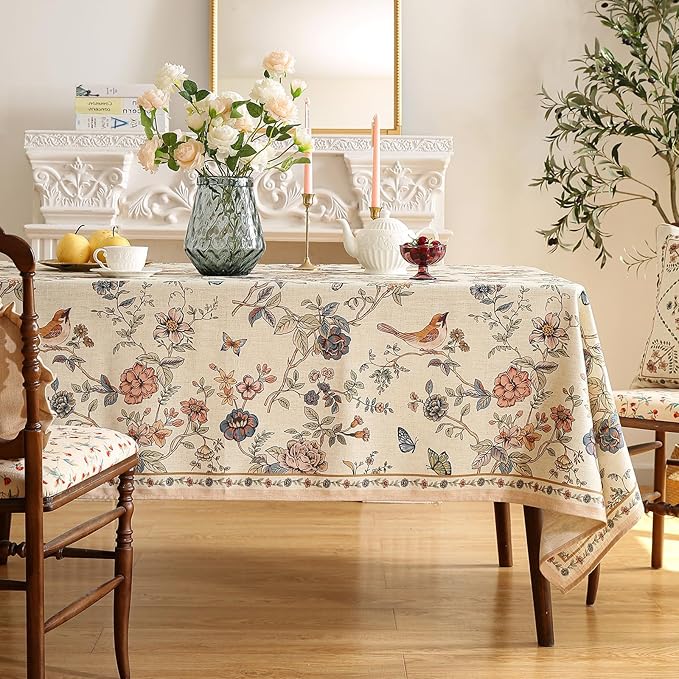 ISAENNE Designer French Light Beige Extra Long Rectangle Tablecloth,Linen Florals and Birds Pattern Table Cloth,Durable Decorative Tablecloths for Dining Thanksgiving Kitchen,63"*110"-Cornucopia