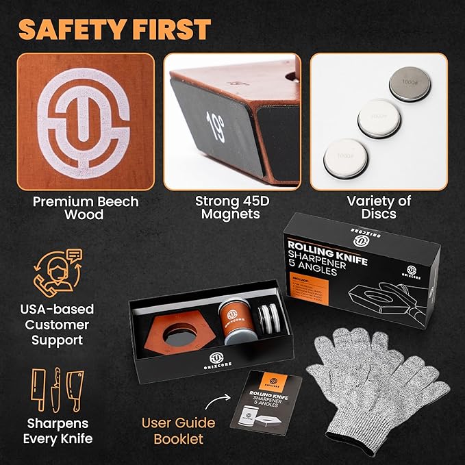Rolling Knife Sharpener 5 Angles (12,15,17,19,22°) - 5 Sided Rolling Knife Sharpener & Extra Replacement Discs Diamond, Ceramic & Gloves - Magnetic Knife Sharpening Kit - Rolling Sharpener for Knives