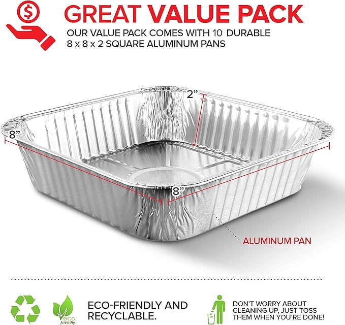 8x8 Foil Pans (10 Pack) 8 Inch Square Aluminum Pans - Foil Pans - Disposable Food Containers Great for Baking Cake, Cooking, Heating, Storing, Prepping Food